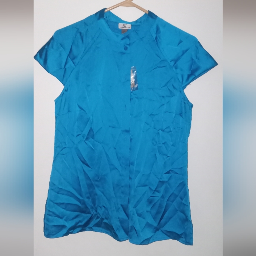 Worthington Womens Short Sleeve Adaptive Large Fit Button-Down(Color Blue Aster)